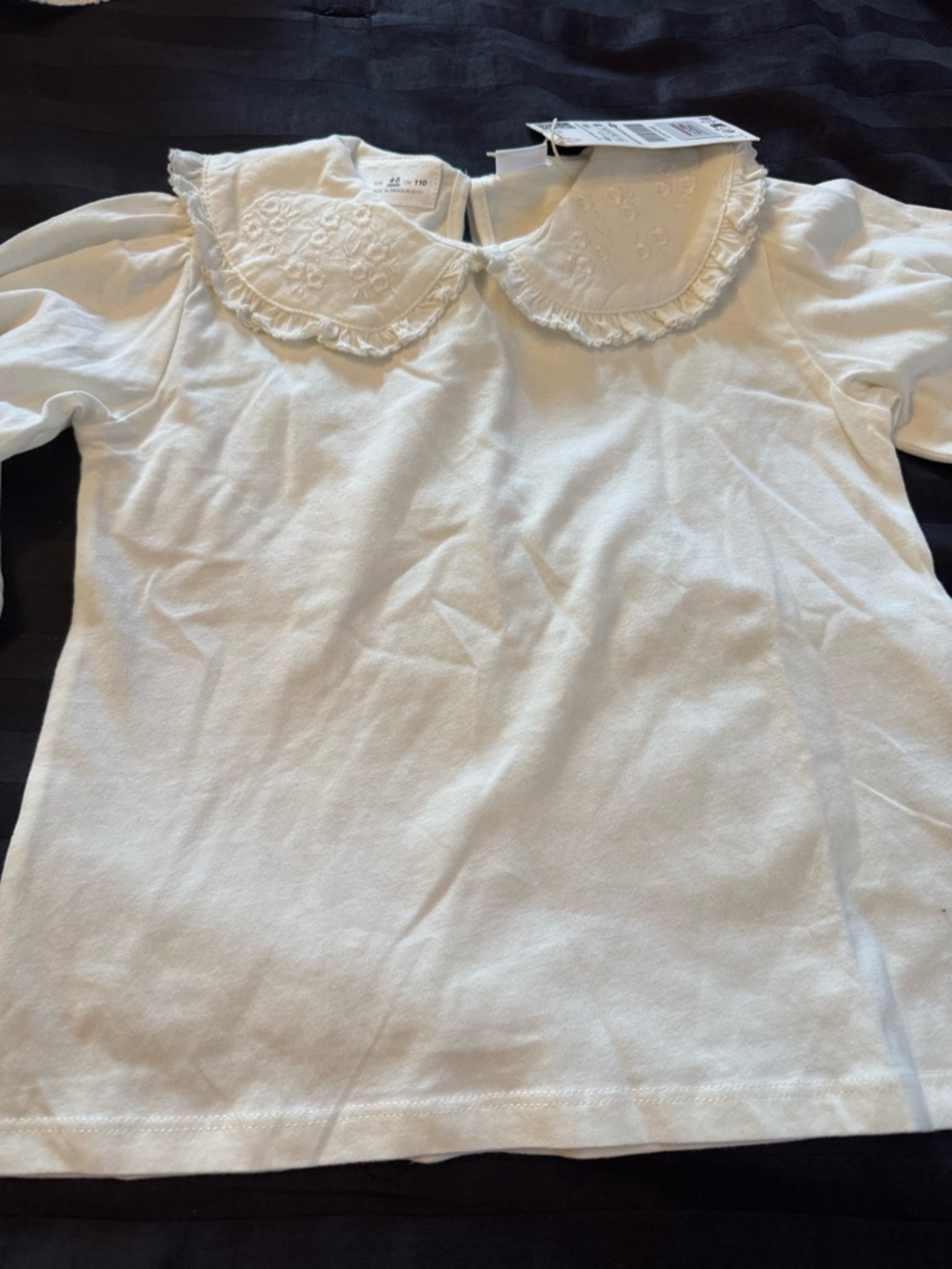 Zara White Short-Sleeve Top with Embroidered Peter Pan Collar